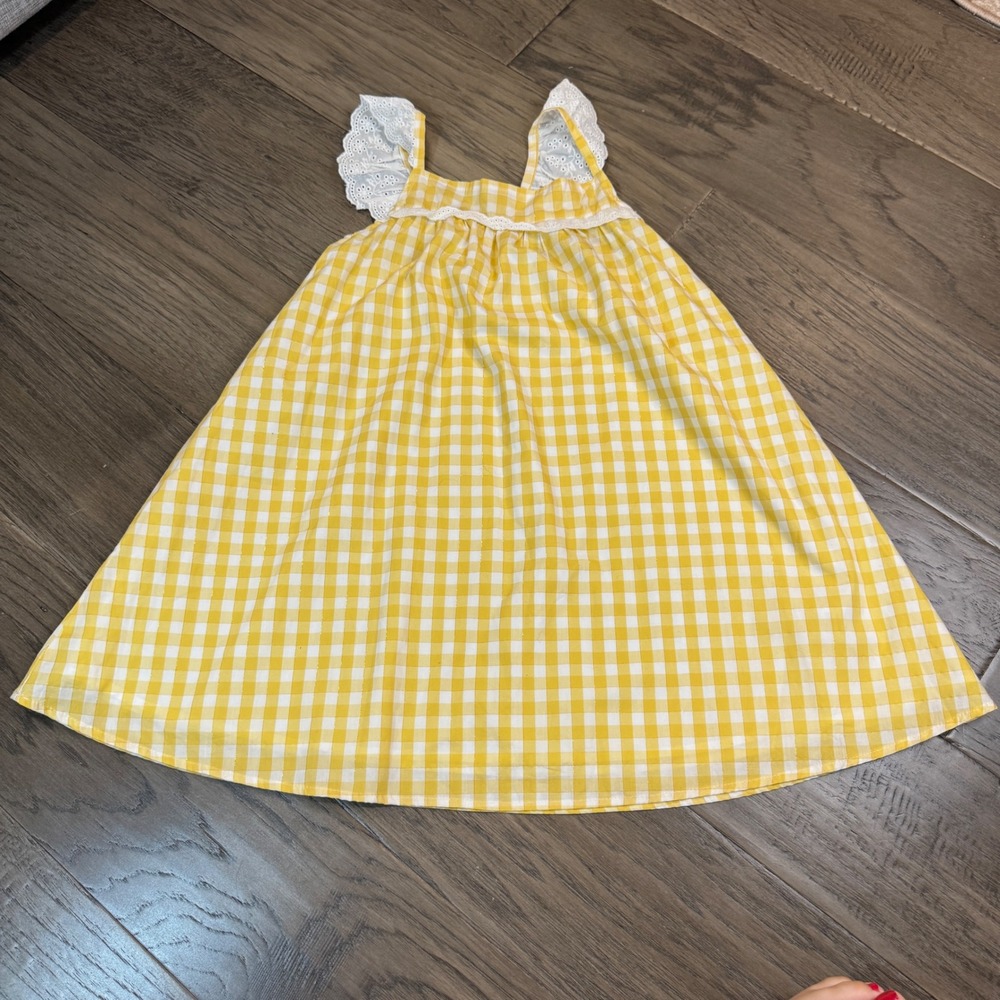 Tahari Girls Yellow Gingham Dress Size 7 Lace Trim Sleeveless Summer